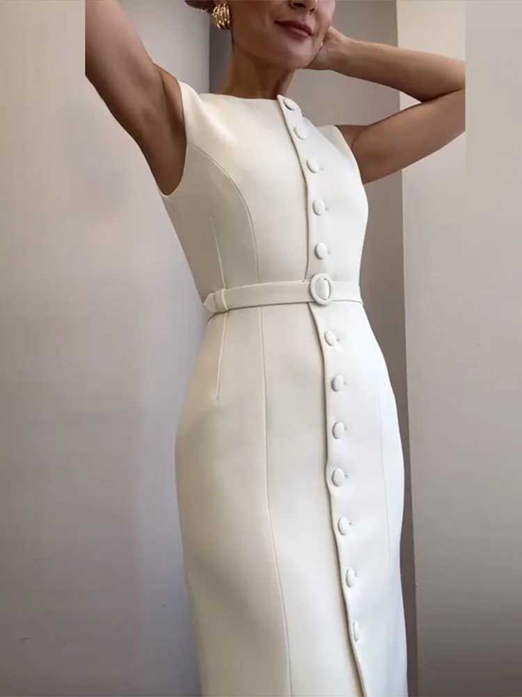 Womens long summer casual simple solid sleeveless round neck single chest dress fastened waist lace workwear W250430
