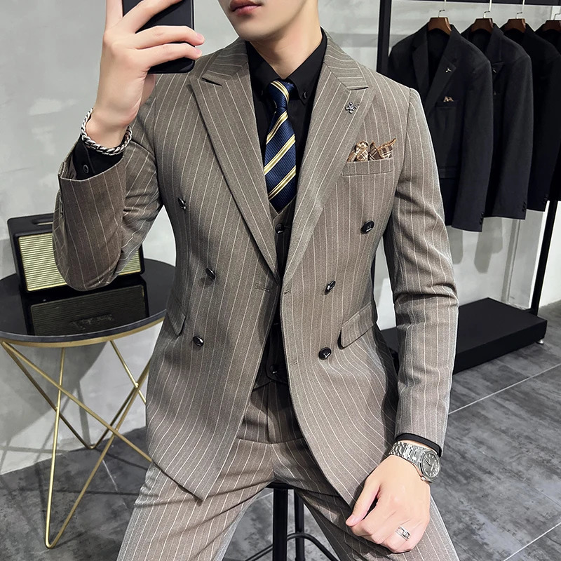 High quality Korean version slim fit business set setvestmens clothing striped double chest three piece 250428