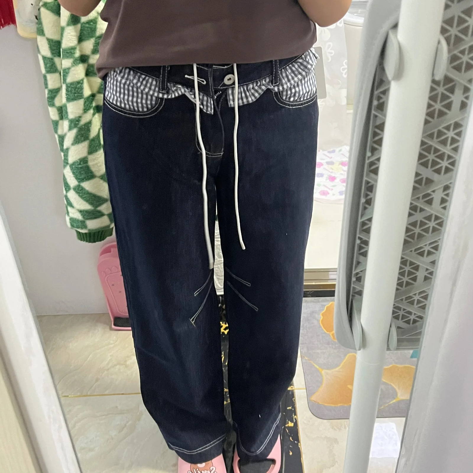 American retro plain patchwork jeans for women high waisted retro straight pocket denim jeans denim pants 250423