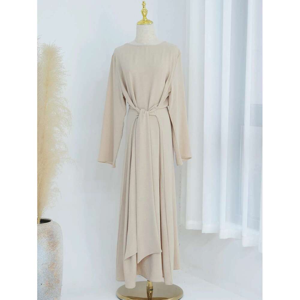 2025 Fashion Dubai Solid Belt Long Dresses For Muslim Woman Elegant Casual Marocain Islam Saudi Plain Caftan Turkish Clothing