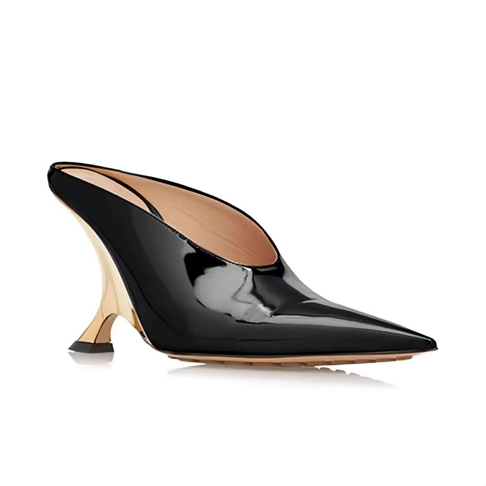 New Fashion Pointed Toe Mules Large Size Women Slippers Gold High Heels Wedge Heel Slip-on Sandals Closed toe Casual Shoes