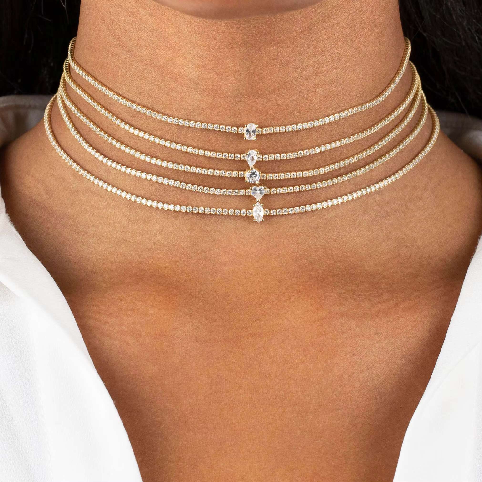 Bling Silver Plated Fashion Fine Women Jewelry Micro Pave CZ Oval Zirconia Tennis Chain Necklace