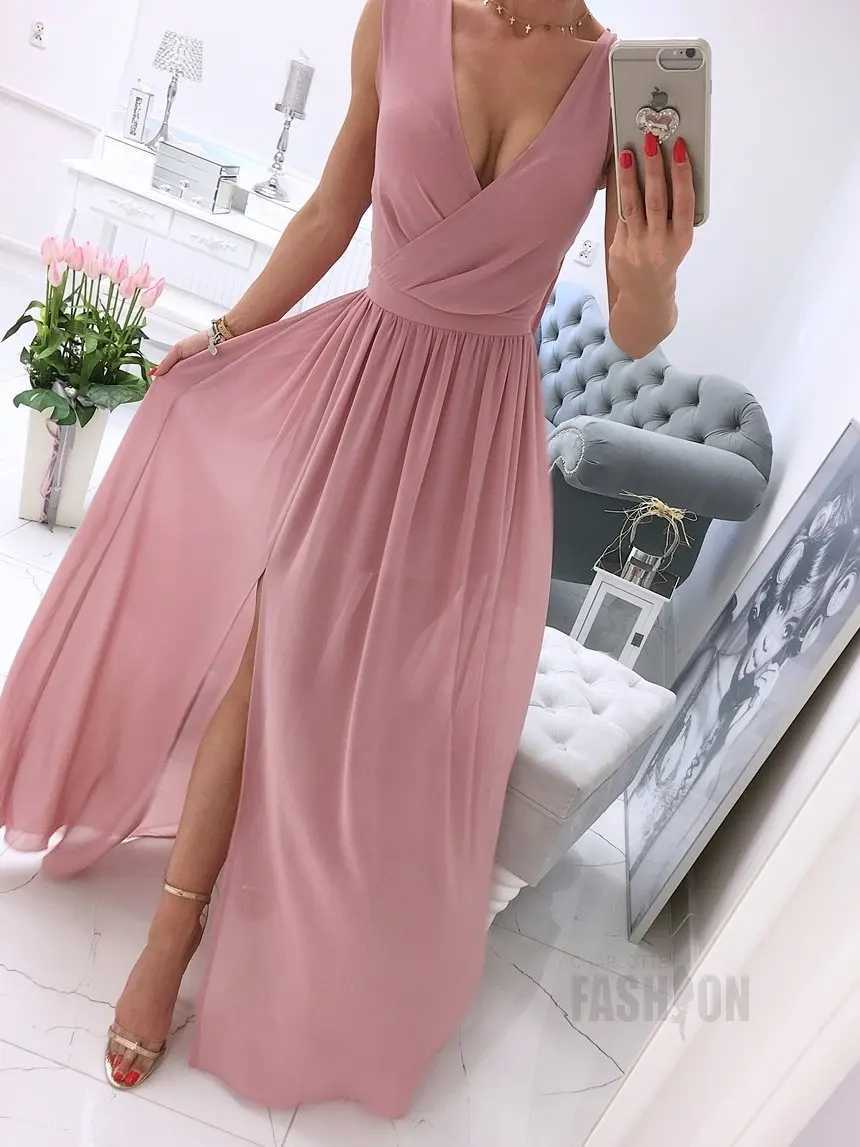Summer new sleeveless solid color V-neck dress for women floral polyester high waisted dress W250430