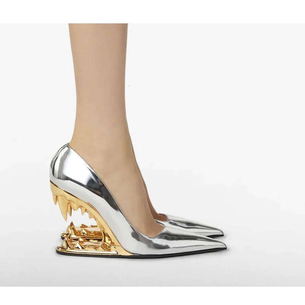 New Fashion Heel Show Metal Tooth Wedge High Heels Branded Pointed Toe Pumps Wedding Banquet Women Shoes