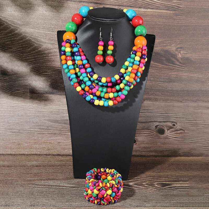 New Arrival 1Set African Multi-Layer Wooden Beads Necklace Earrings Jewelry Sets For Women Wedding Dress Jewelry Gifts