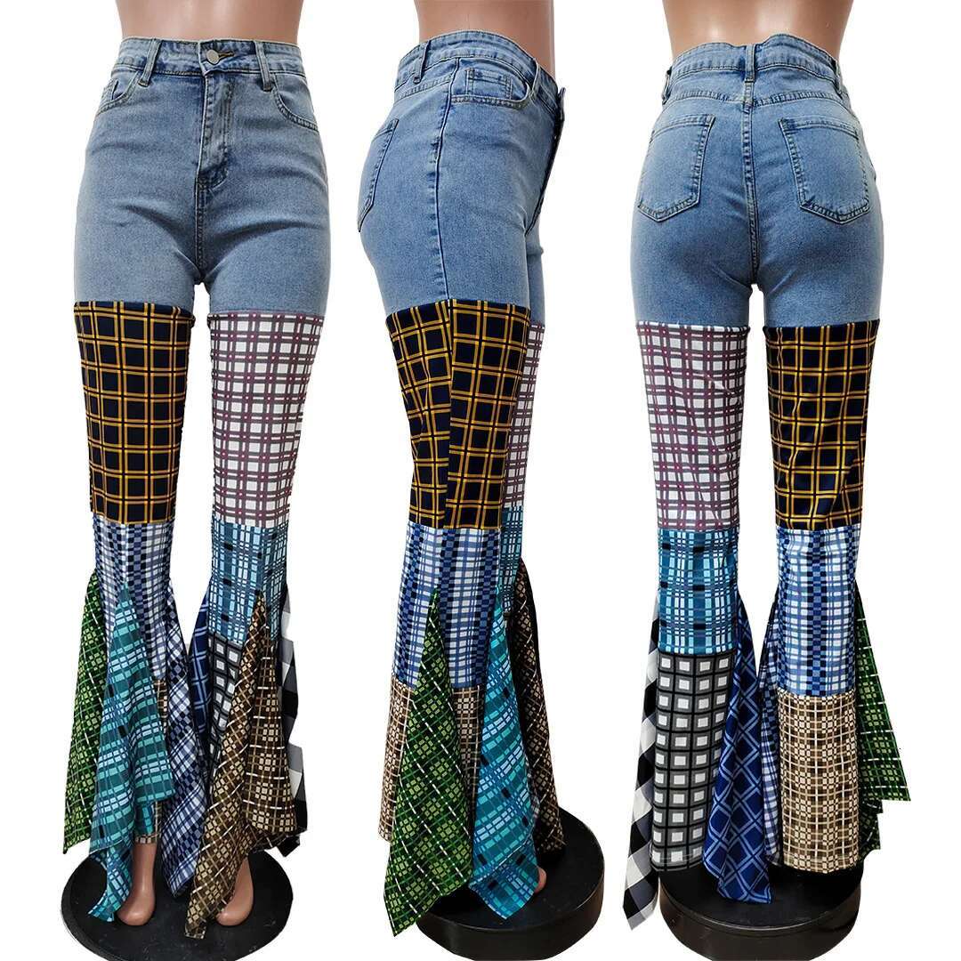 Women fashion Summer Fashion Spliced Houndstooth Denim Ruffle Edge Flared High Waist Jeans Pants Female Trousers Streetwear