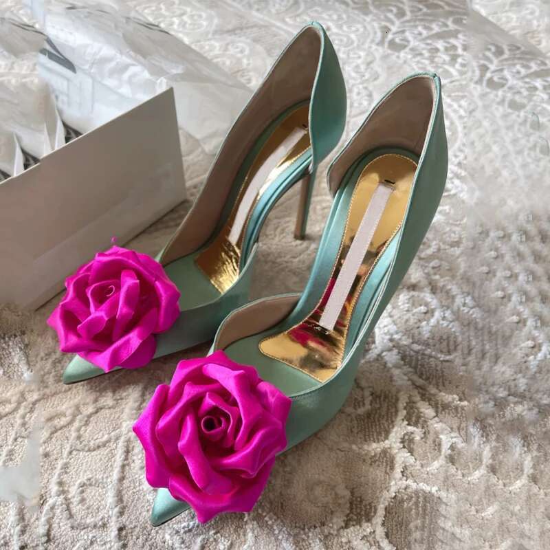 Spring and summer new pointed side empty satin rose flower single shoes thin high-heeled banquet dress versatile women's sandals