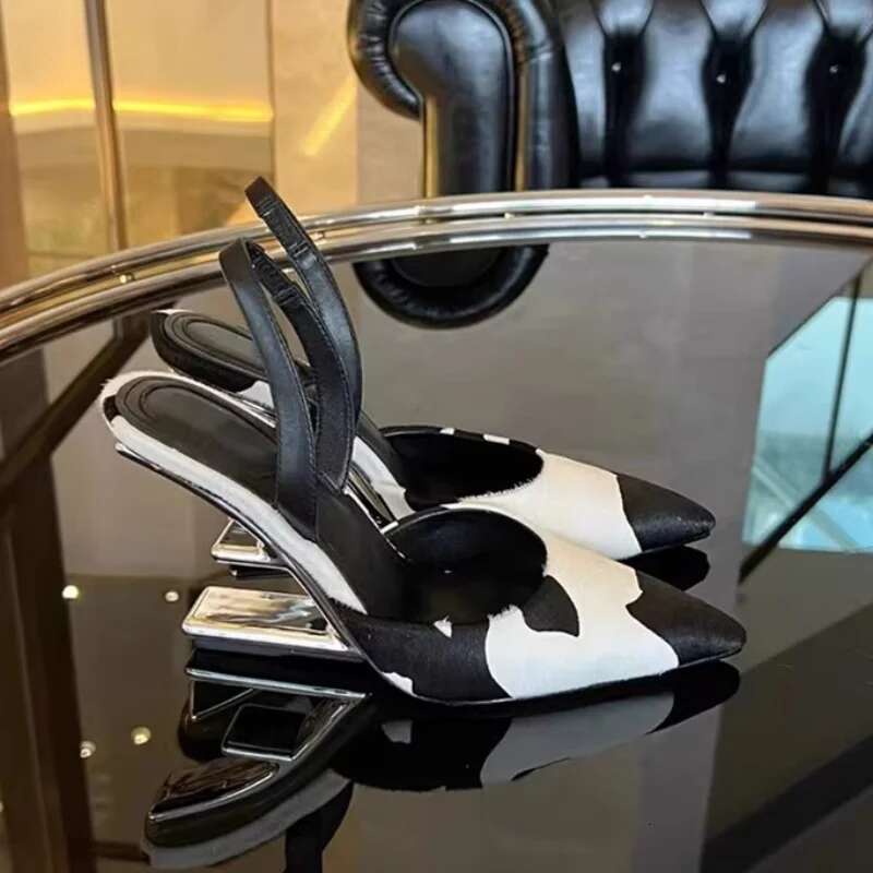 Fashionable New Women's Black White Contrast Mules Pointed Sexy Sandals Shaped High Heels Elegant Slingback Shoes Women