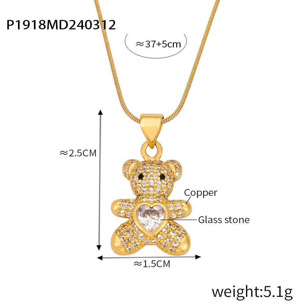Version Of Korean Style New Fashionable, Light , Simple And Personalized Copper Material With Inlaid Teddy Bear Glass Dia Pendant Necklace Jewelry