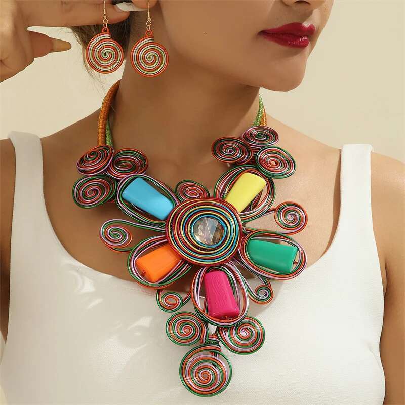New Exaggerate Aluminium Flower Colorful Jewelry For Women African Bridal Necklace Earrings Set Party Jewellery Gifts