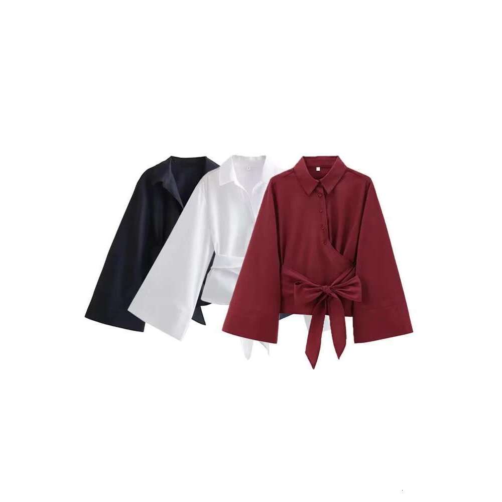 Trza-Women's Long Sleeve Kimono Blouses With Bow Tie, Front Button, Female Shirts, Chic Tops, Fashion