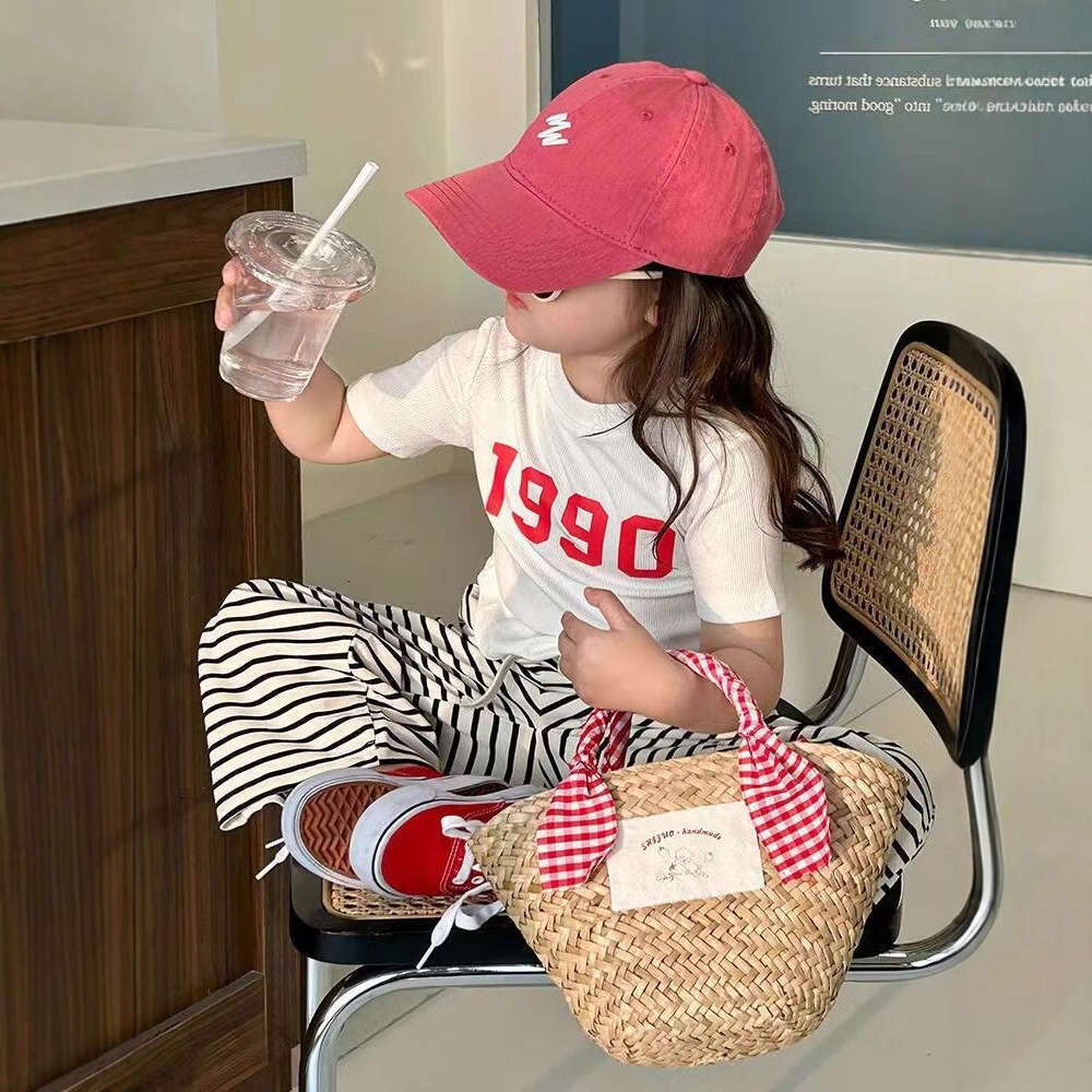 2024 Western Style Irregular Short Sleeved T-Shirt Striped Wide Legged Pants Korean Complete Of Girls Summer Set