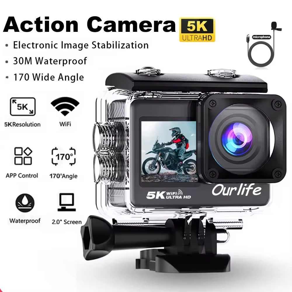 Action Camera 5K 4K60FPS EIS Wi Fi Dual Screen 170D 2.0-inch Touchscreen 30M Waterproof Sports Camera with Remote Control 250425
