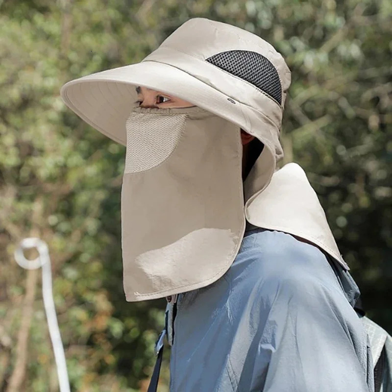 Summer Sun Hats UV Protection Outdoor Hunting Fishing Cap For Men Women Hiking Camping Visor Bucket Hat Neck Flap Fisherman Hat 250430