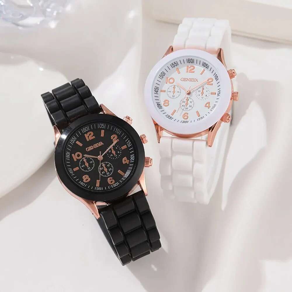 2Pcs Women's Set Fashion Elegant Alloy Wristwatch Silicone Strap Couple Watch Men Quartz Holiday Gifts