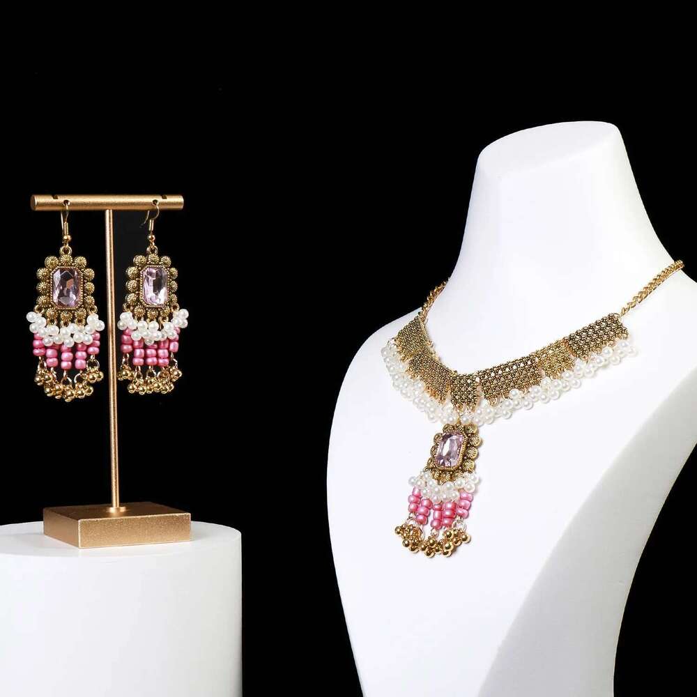 Bohemia Ethnic Pendant Necklace Earrings Set For Women Indian Bollywood Golden Square Zircon Beaded Tassel Jewelry Sets