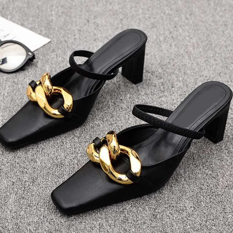 Fashion Metal Chain Women Slippers Square Toe Slingback Sandals Slip-on High Heels Comfortable Casual Mules One Word Belt Shoes