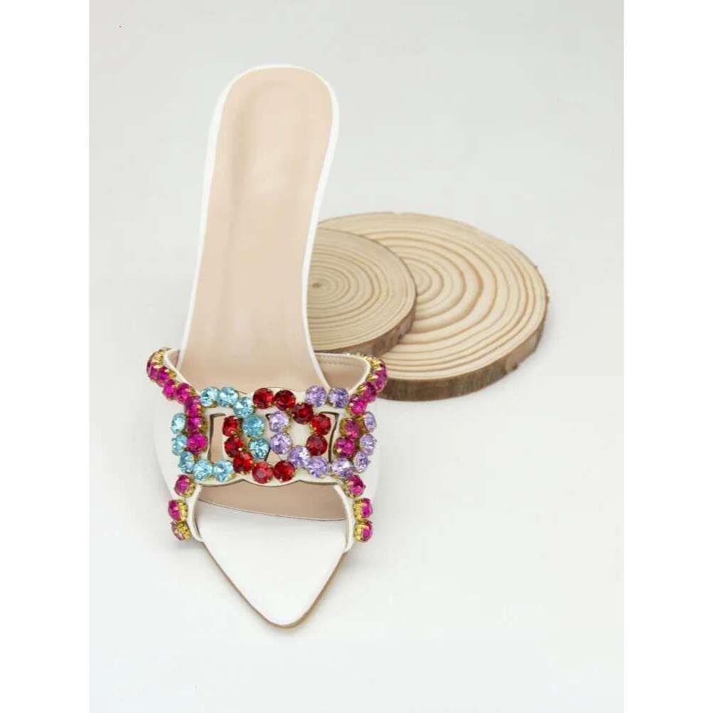 Fashion Designer Rhinestone High Heels Pointed Outdoor Slippers Slip Sandals Hollow Women Mules Party Shoes