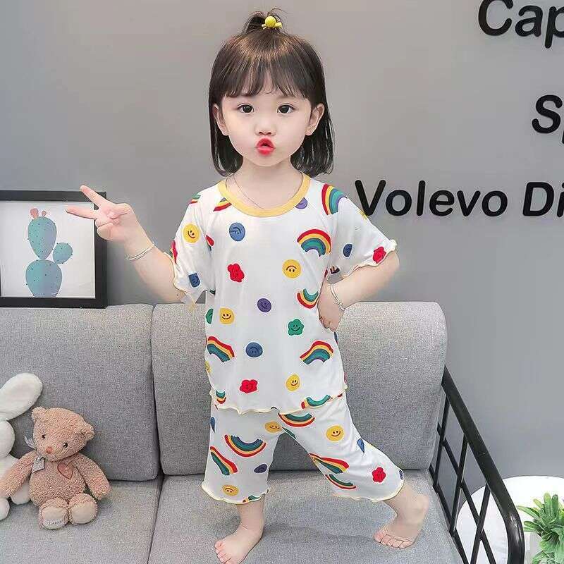 Ice Silk Soft Children's Pajamas Thin Style Baby Girl Western Korean Version Short Sleeved Home Girls Summer Air-Conditioned Clothes