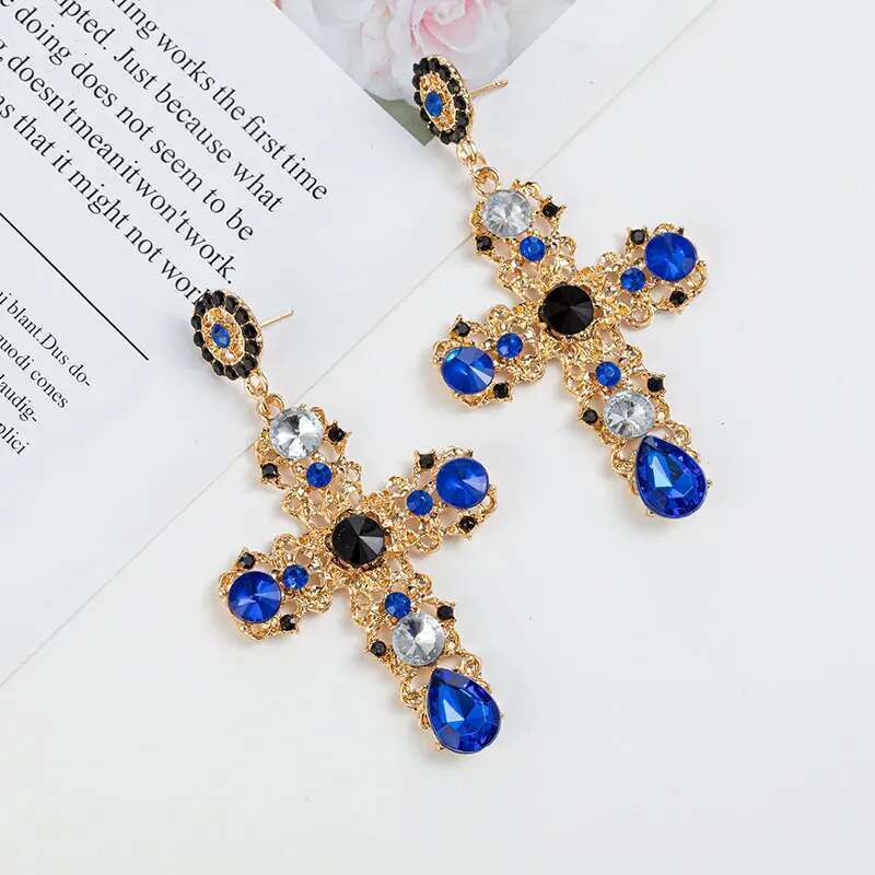 New Arrival Vintage Black Pink Crystal Cross Drop For Women Baroque Bohemian Large Long Earrings Jewelry Brincos 2023