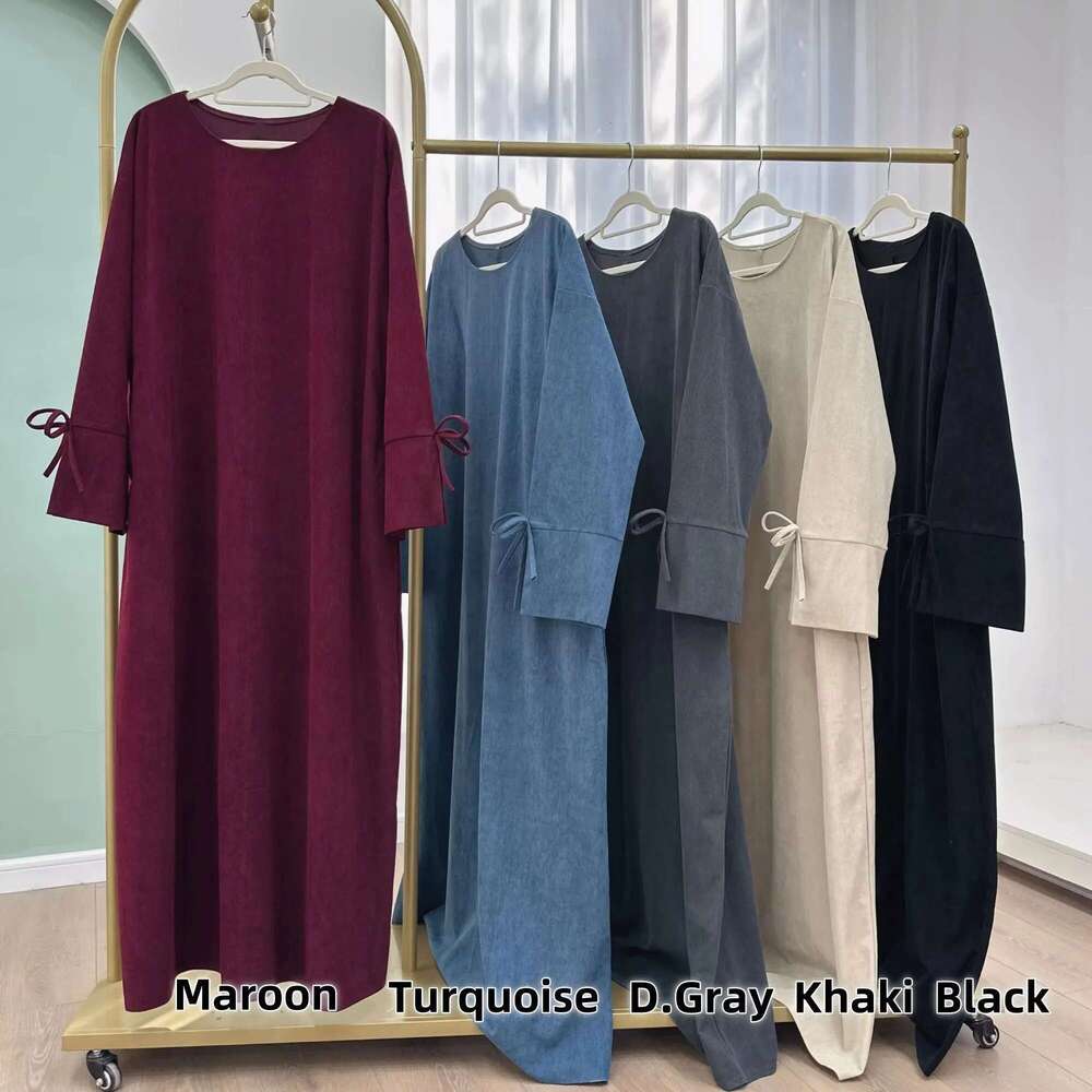 Winter Corduroy Bow Knot Sleeve Muslim Dress Modest Clothing Women Abaya Femmes Robe Musulmane Robes Prayer Clothes