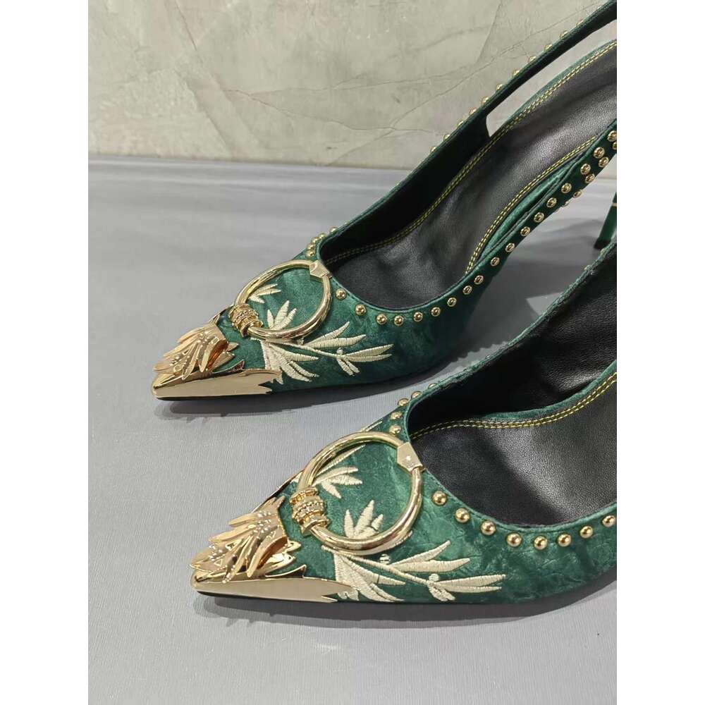 Stylish Pointed Toe Embroidered Rhinestone Embellished High Designer Shoes Women Stiletto Heels
