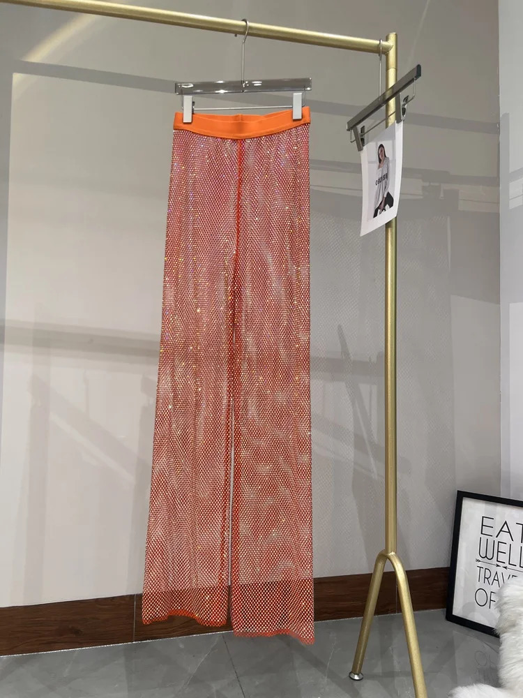 Summer Sexy Hollowed Out European and American Style AB Color Diamond Flash Grid Rhinestone Wide Leg Pants Nightclub 250428