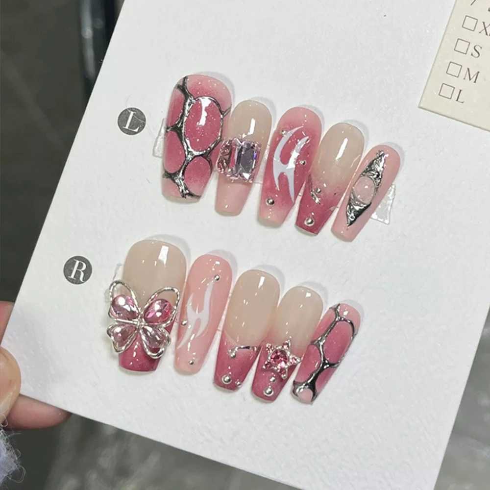 10 Swt Cool Long Coffin Almond Handheld Wearable Nails 3D Flower Snake Silver Mirror Powder Bow Party Nail Stickers H25429