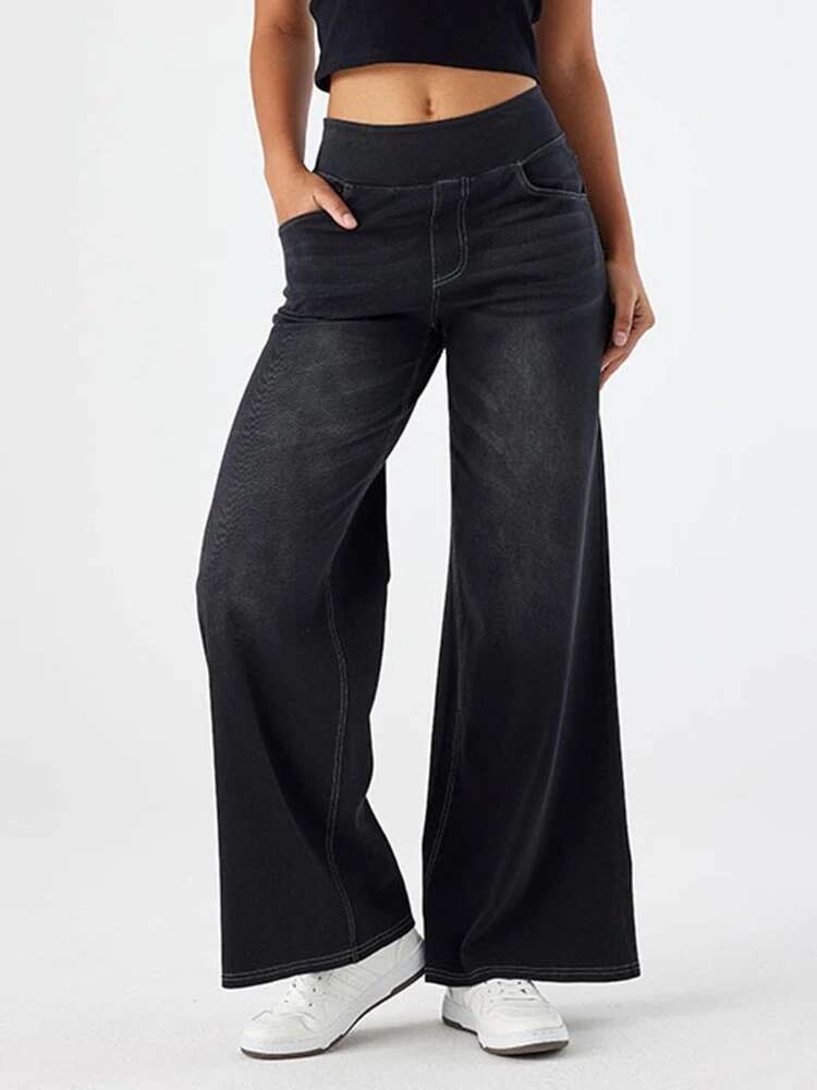Women Denim Pant Wide Leg Long Pants Y2k Streetwear Elastic Waist Straight Trousers Elegant Mom Jeans Temperament Casual