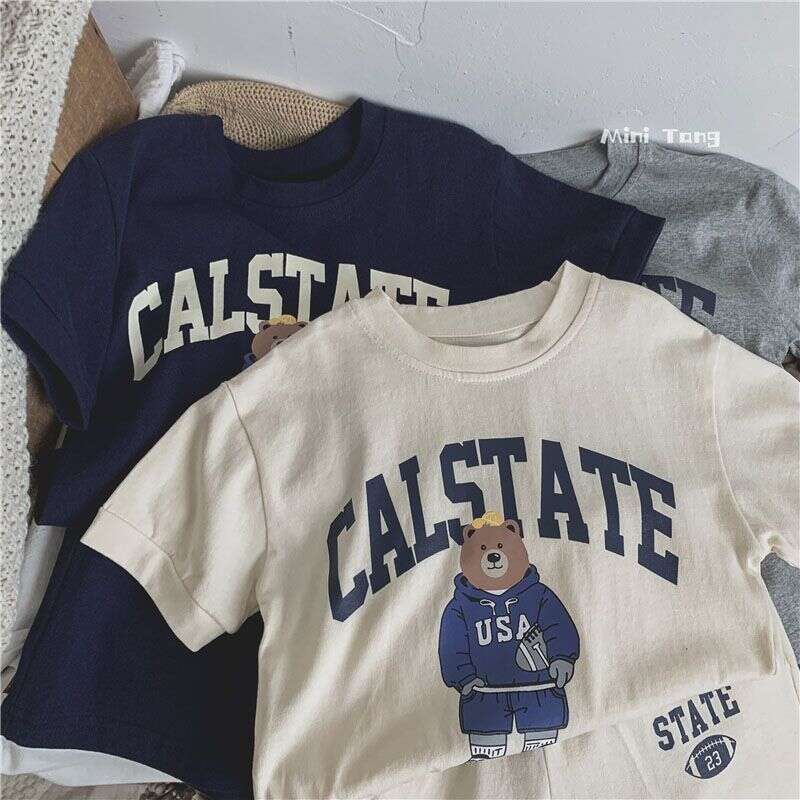 Korean New Children's Cartoon Cute Letter Short Sleeved T-Shirt Shorts Boys And Girls Two Piece Set For Thin Summer