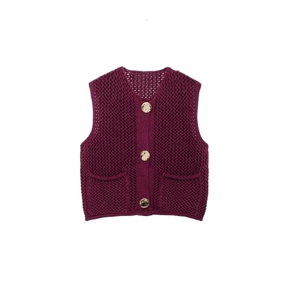 Trza-Women's Knitted Vest Sweater With Golden Buttons, O-Neck, Sleeveless, Patch Pockets, Female Outerwear, Chic Tops,Fashion