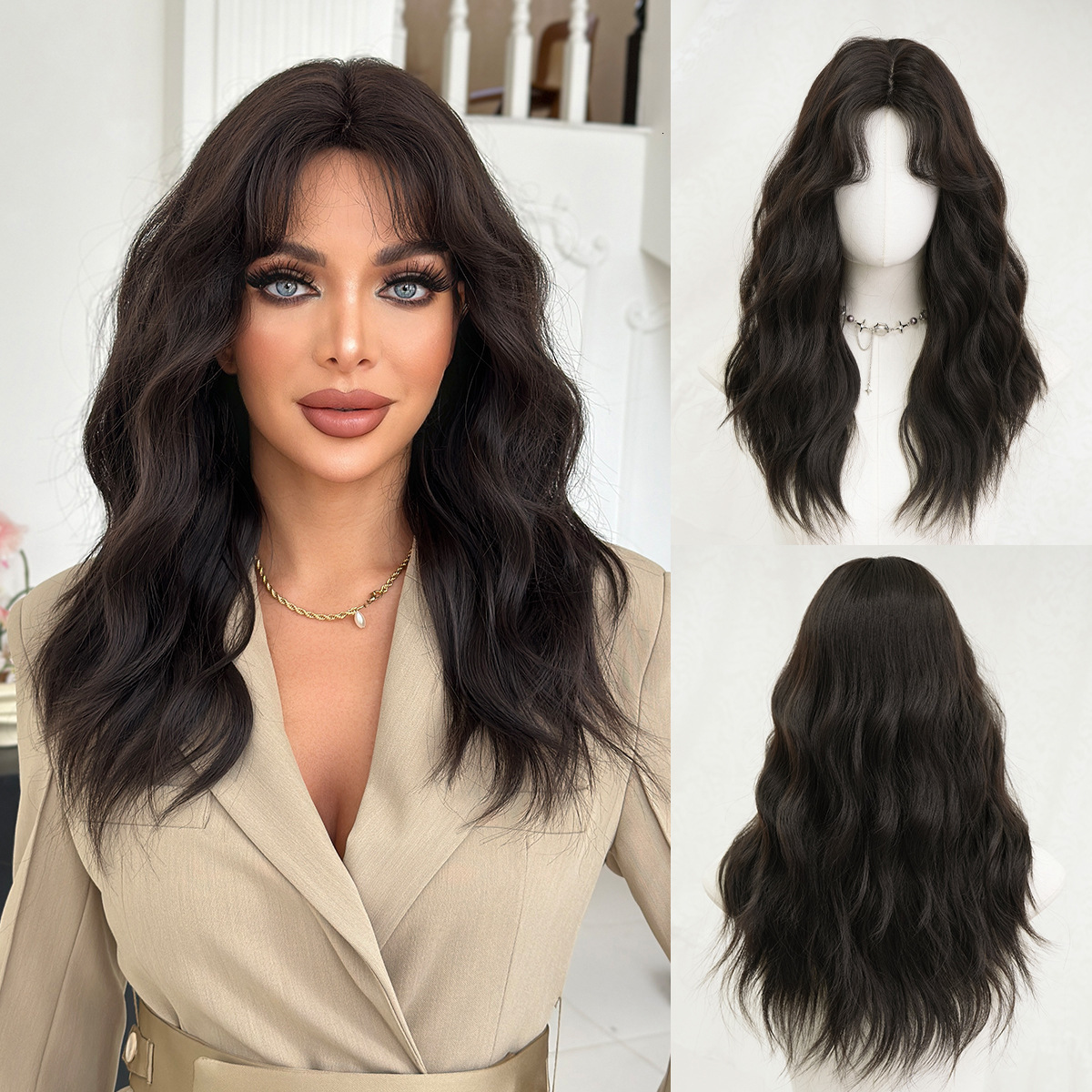 Chinese 2025 zodiac bangs long curly hair wig full head cover round face for women commonly used synthetic wave wig