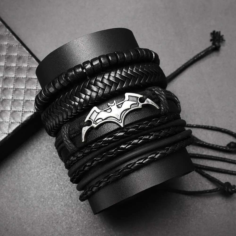 4Pcs/Set Leather Beaded Black Bat Charming Men's Bracelet New Fashion Hip Hop Punk Accessories Jewelry Gift Wholesale