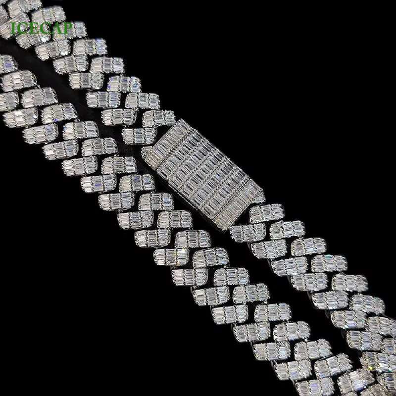 Hip Hop Jewelry VVS Moissanite 2 Rows baguette Cut Diamond Cuban Link Chain 925 Silver Men Cuban Necklace