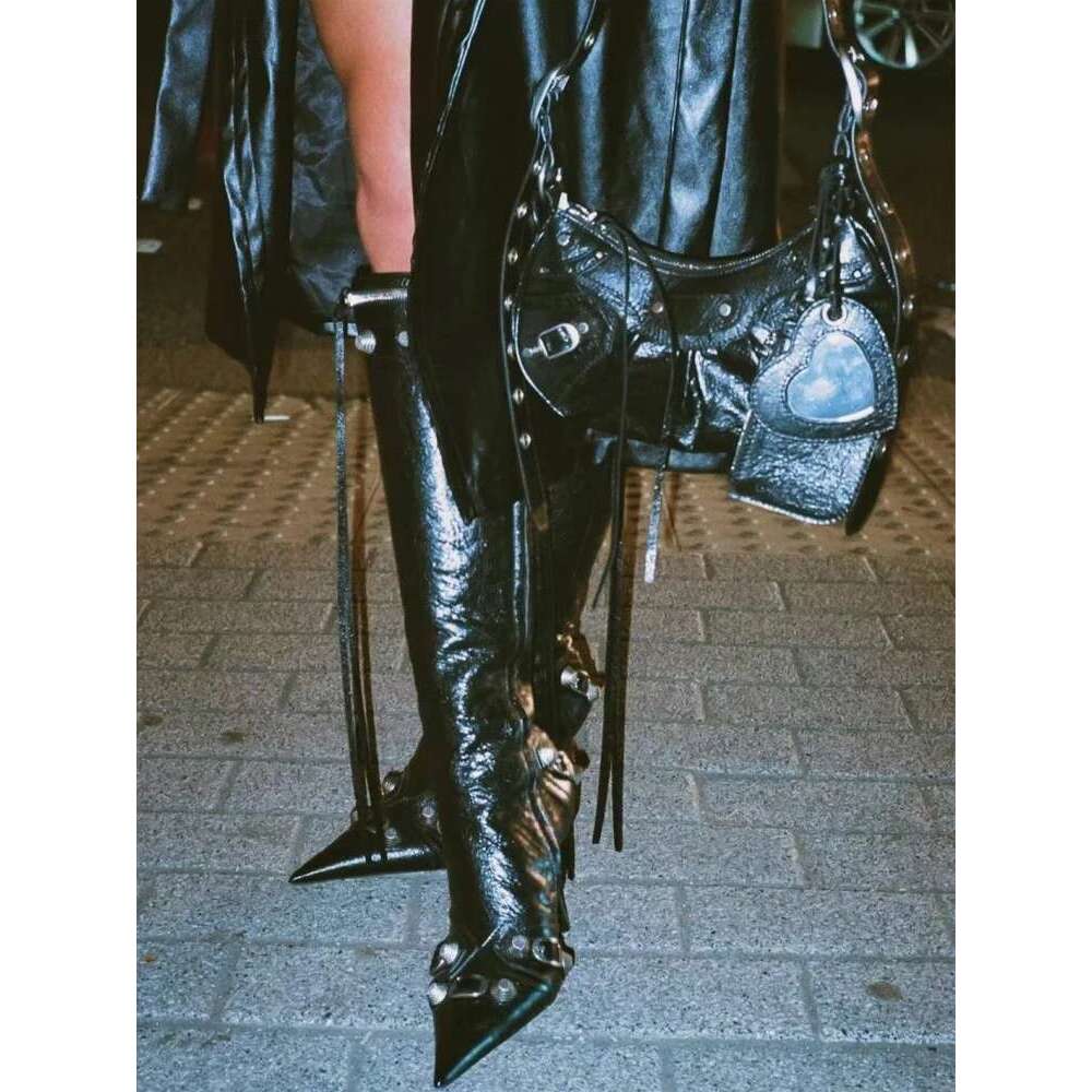 New Metal Buckle Knee Pointed Button High Heels Studded Zip up Boots Catwalk Party Punk Shoes Women