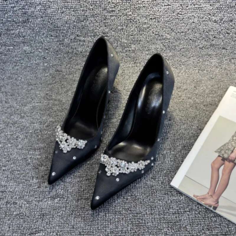 Fashion Designer Rhinestone High Heels Slip Pointed Women Metallic Decorated Shoes Banquet Stiletto Hee