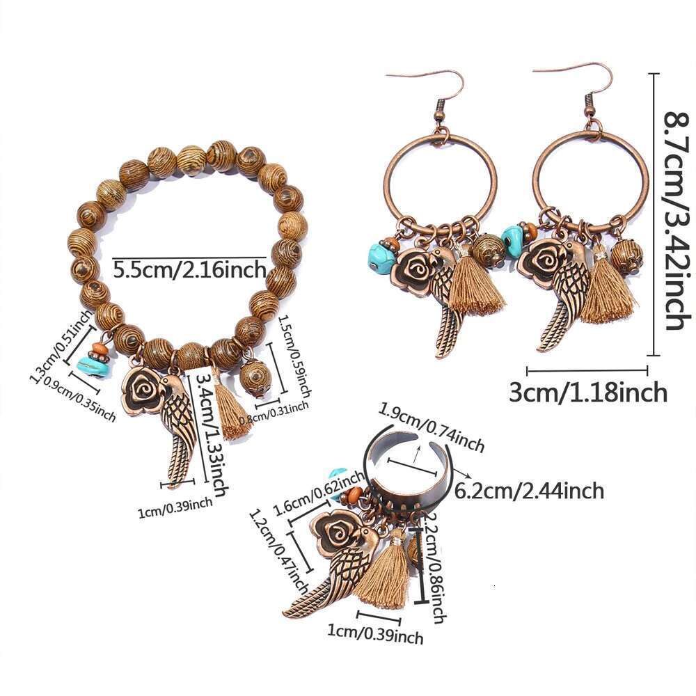 4Pcs Boho Retro Jewelry Set Coffee Brown Alloy Dangle Earrings Wooden Bracelet Open Ring Adjustable Party Decors Daily Wear