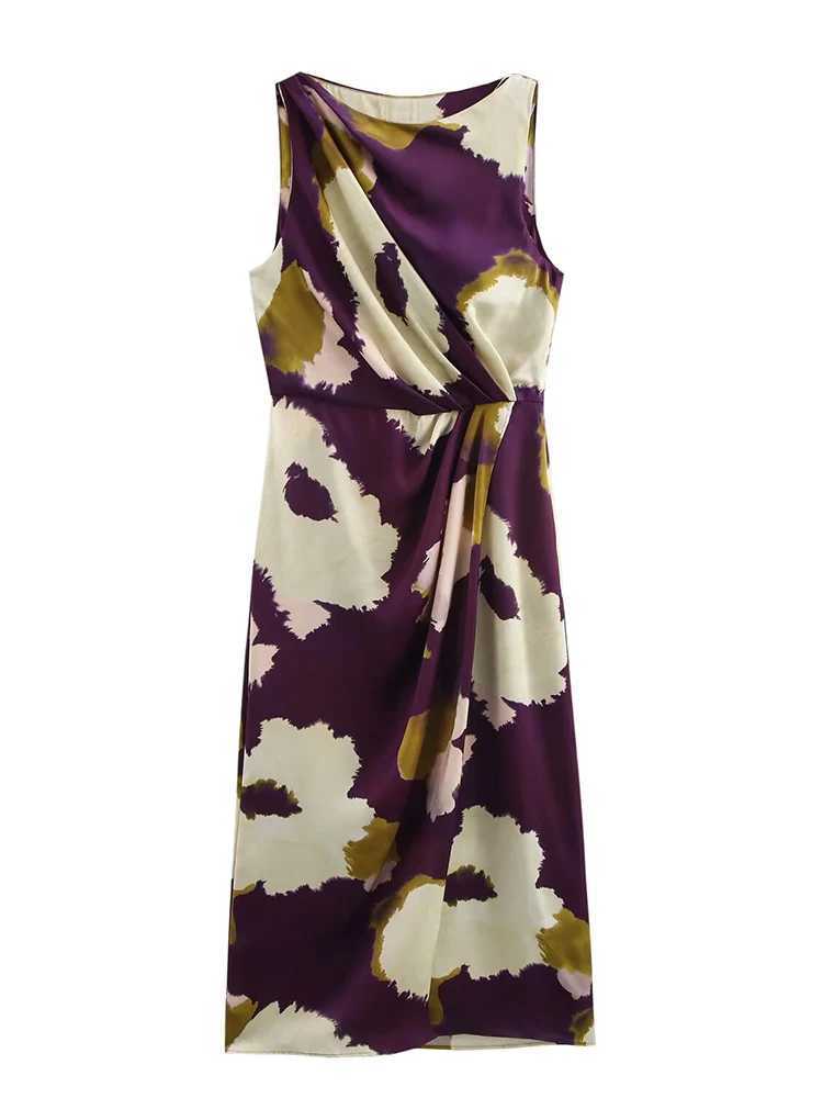 TRAF Womens Summer Long Dress 2025 New Party Fashion Retro Womens Sleeveless Printed Round Neck Midi Dress W250430