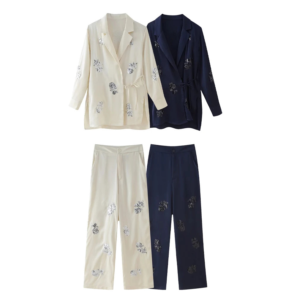 Zach Ailsa Summer Product Womens Loose Lace Set Coat Beaded Silk Texture Pants Casual 250530