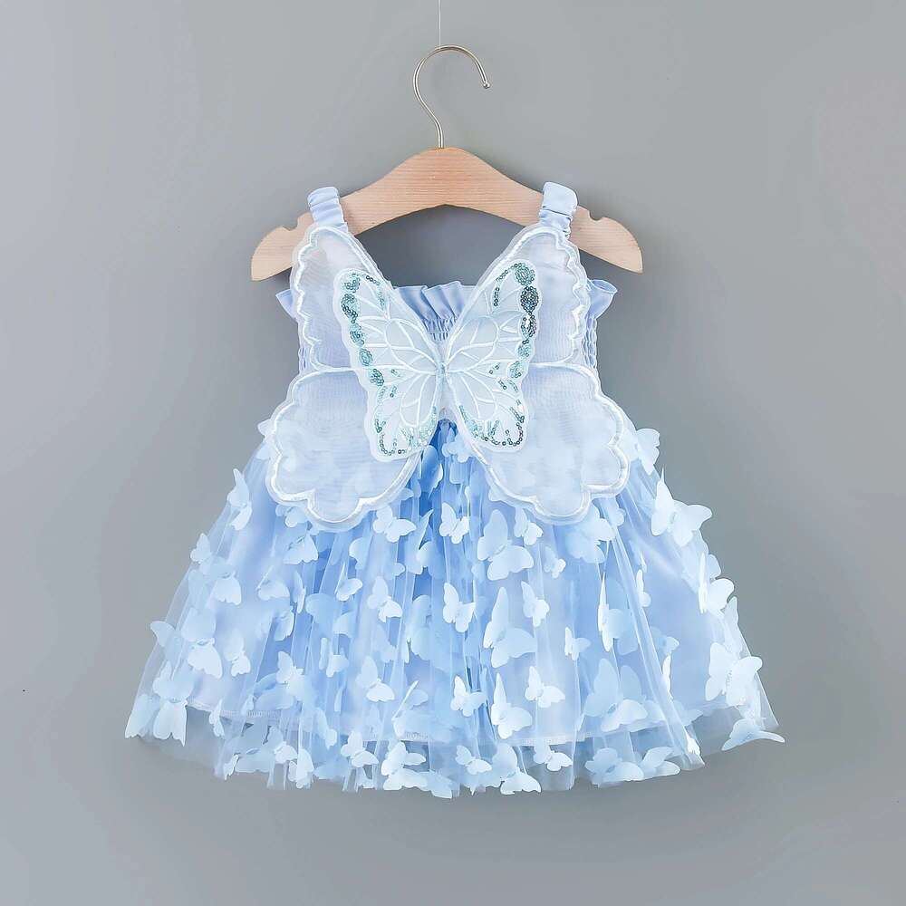 Girls' New Summer With Large Wings On The Back Drawstring Waist Mesh Colorful Butterfly Princess Dress Party
