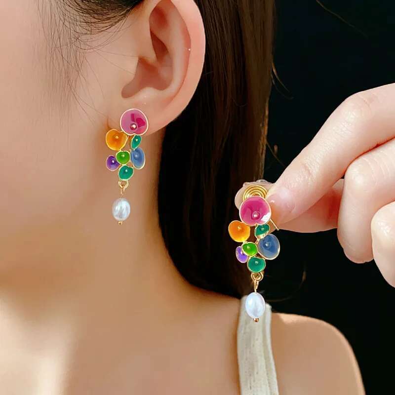 Vintage Earring For Women Oil Lotus Leaf Artificial Pearl Drop Earrings Fashion Light Designer Jewelry