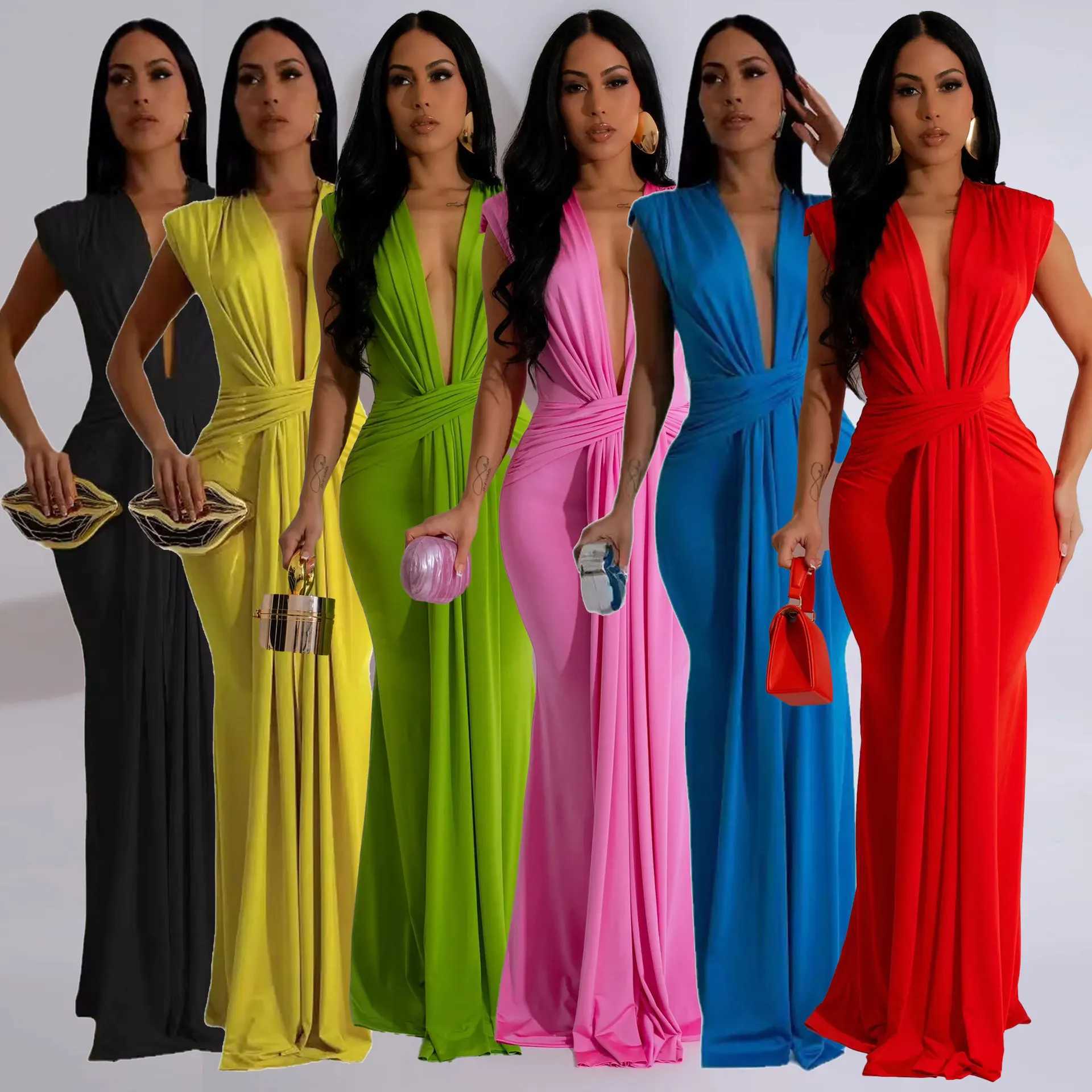 Womens long dress deep V-neck sleeveless pure thin fit tight waist sexy and elegant stitching wrapped around hips temperature Vestdos W250430
