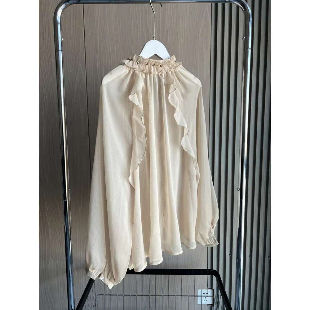 ETJ Spring 2025 New traf Women's Fashion Translucent fabric beaded rivets decorated V-neck lace ruffled romantic shirt