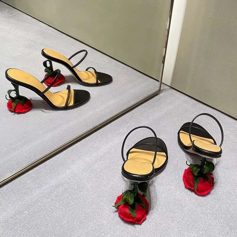Brand Rose High Heels Thin Strap Sandals Floral Open Toe Women's Slippers Comfortable Casual Shoes Women
