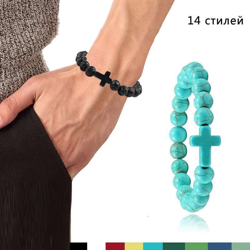 Charm Natural Stone Bracelet Cross Black Lava Matte Beaded Bracelets Handmade Men Women Prayer Fiess Chain Couple Jewelry Gift