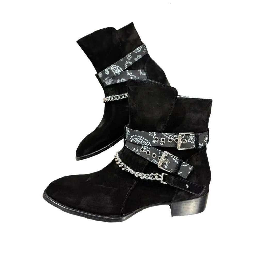 Metal Chain Frosted Double Buckle Fashion Ankle Boots High Top Pointed Casual Dress Shoes Men