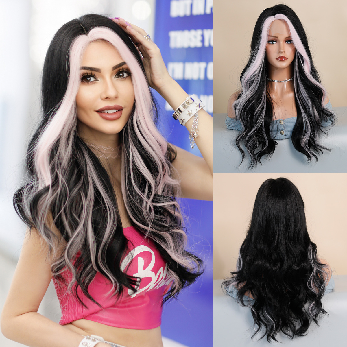lace Small Asian dyed orange long curly hair with big waves split wig natural hair stitching wig womens full head cover