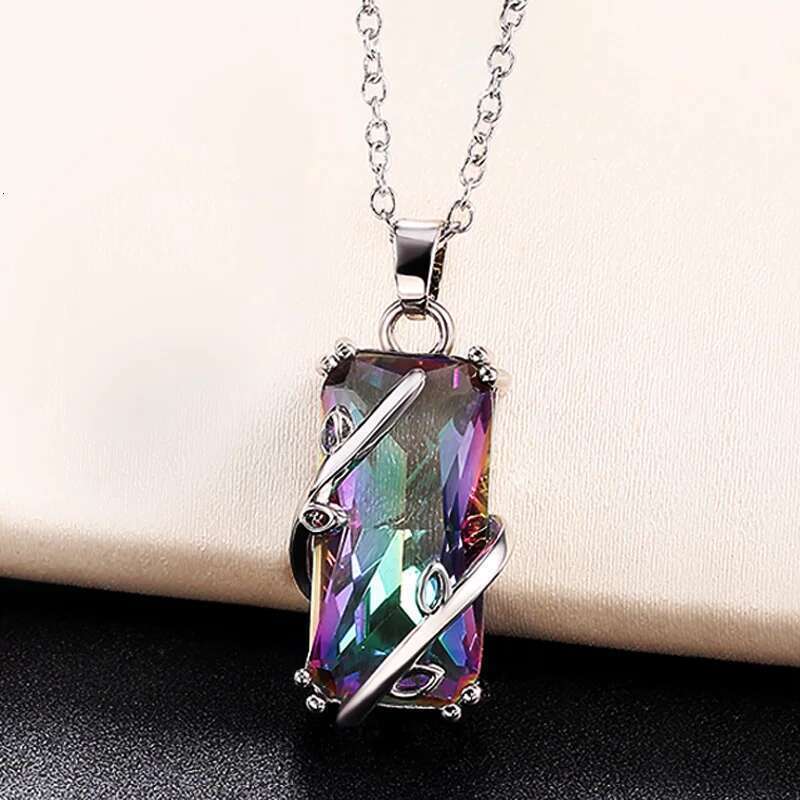 Huitan Multicolored Rectangular Stone Ring/Necklace Novel Design Anniversary Party Women Jewelry Factory Direct Selling Set