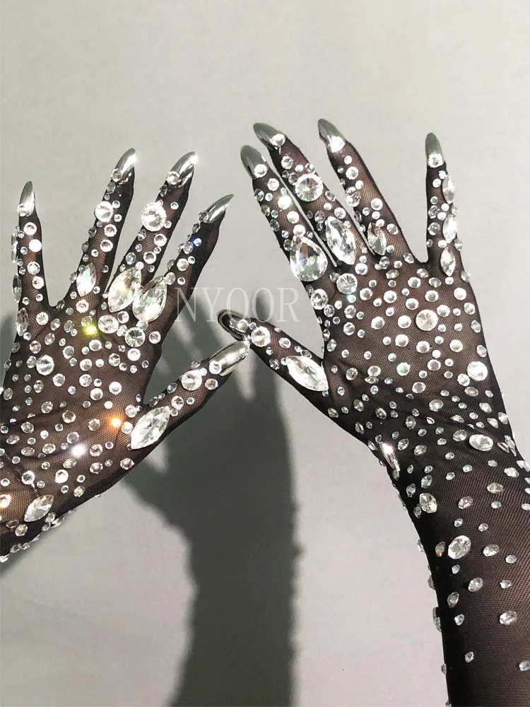 Mesh Black Gloves Shining Crystals Stones Long Mittens Rhinestones Stretch Transparent Bar Singer Party Stage Wear Accessories 250420