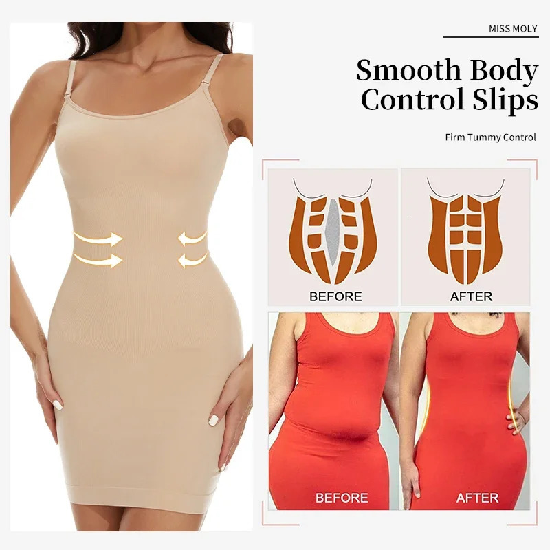 Women Shapewear Full Slip Tummy Control Crew Neck Cami Mini Under Dress Smooth Body Shaper Spaghetti Straps Lingerie 250424